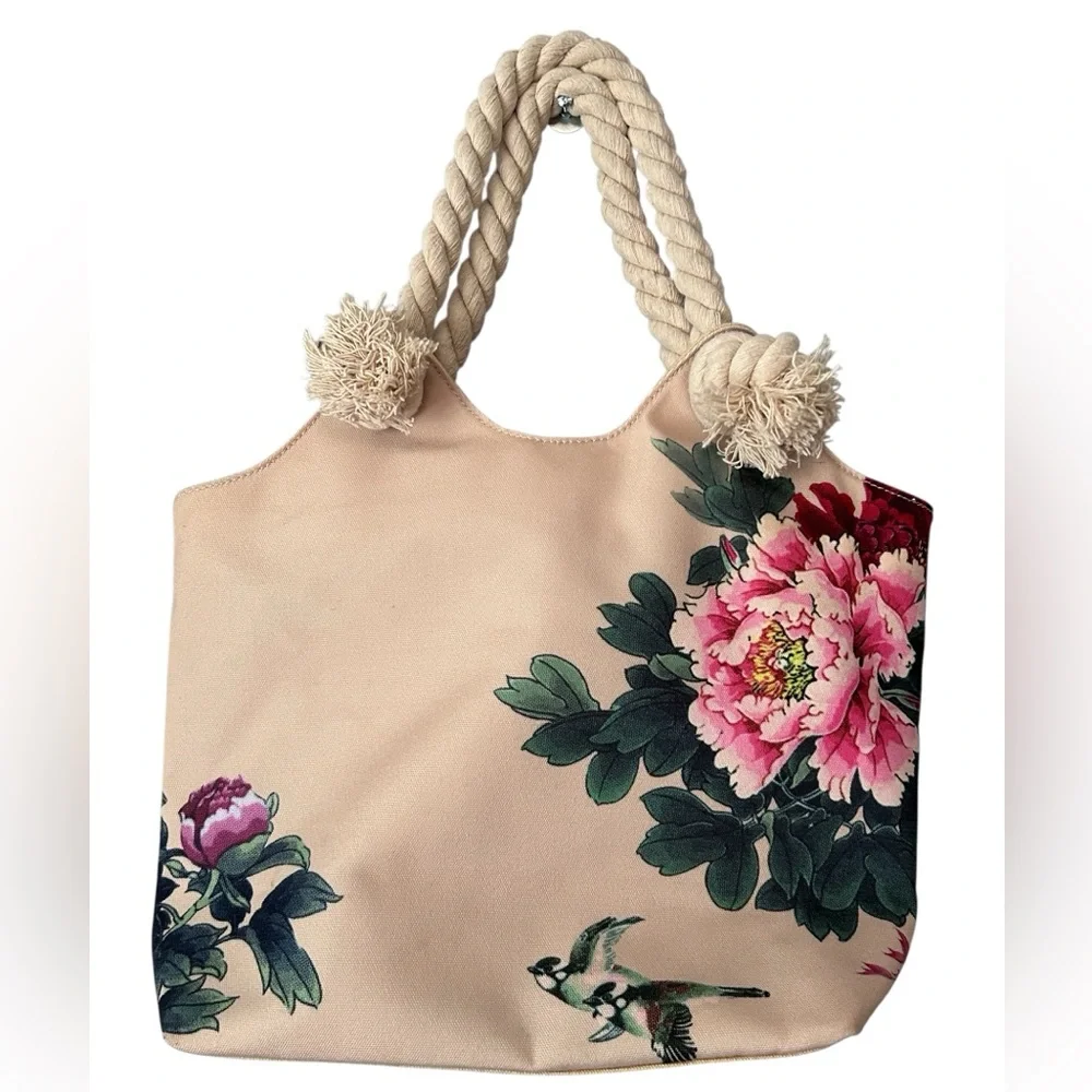 To Go Go Women’s Canvas Bag Rope Handles Flowers and Birds Purse Beach Travel